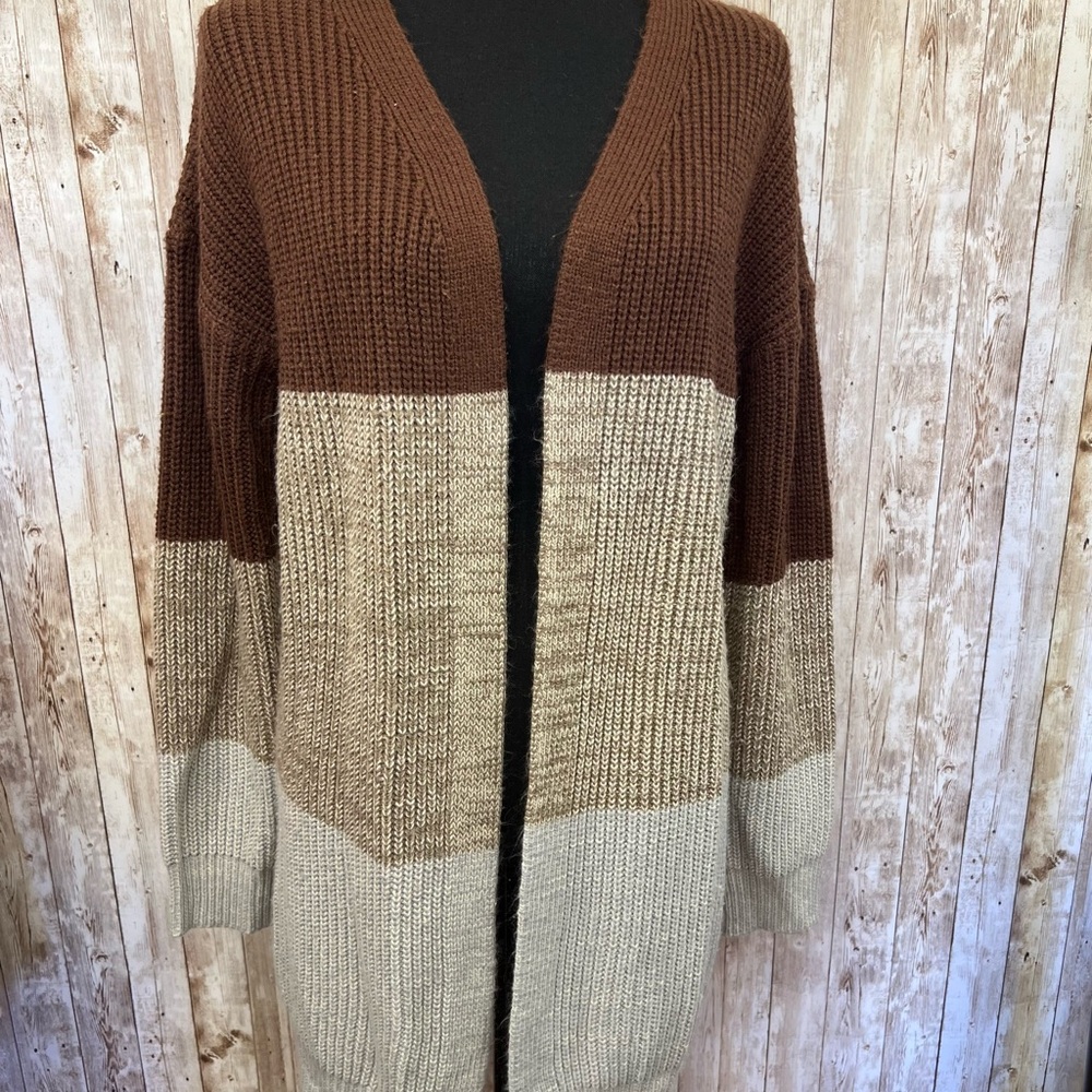 Color Block Brown and Cream Chunky‎ Knit Cardigan